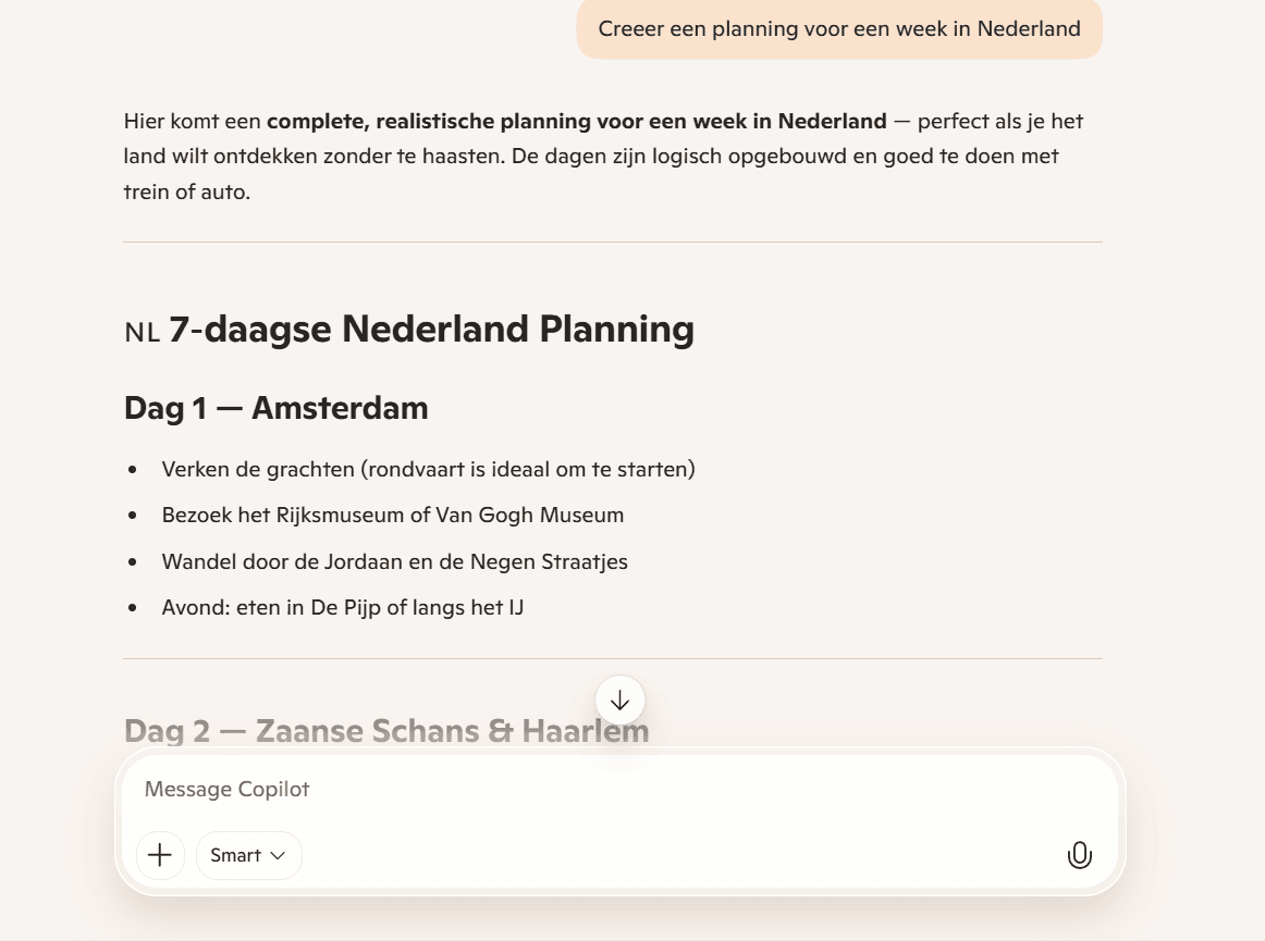 Copilot screenshot vacation week the Netherlands 
