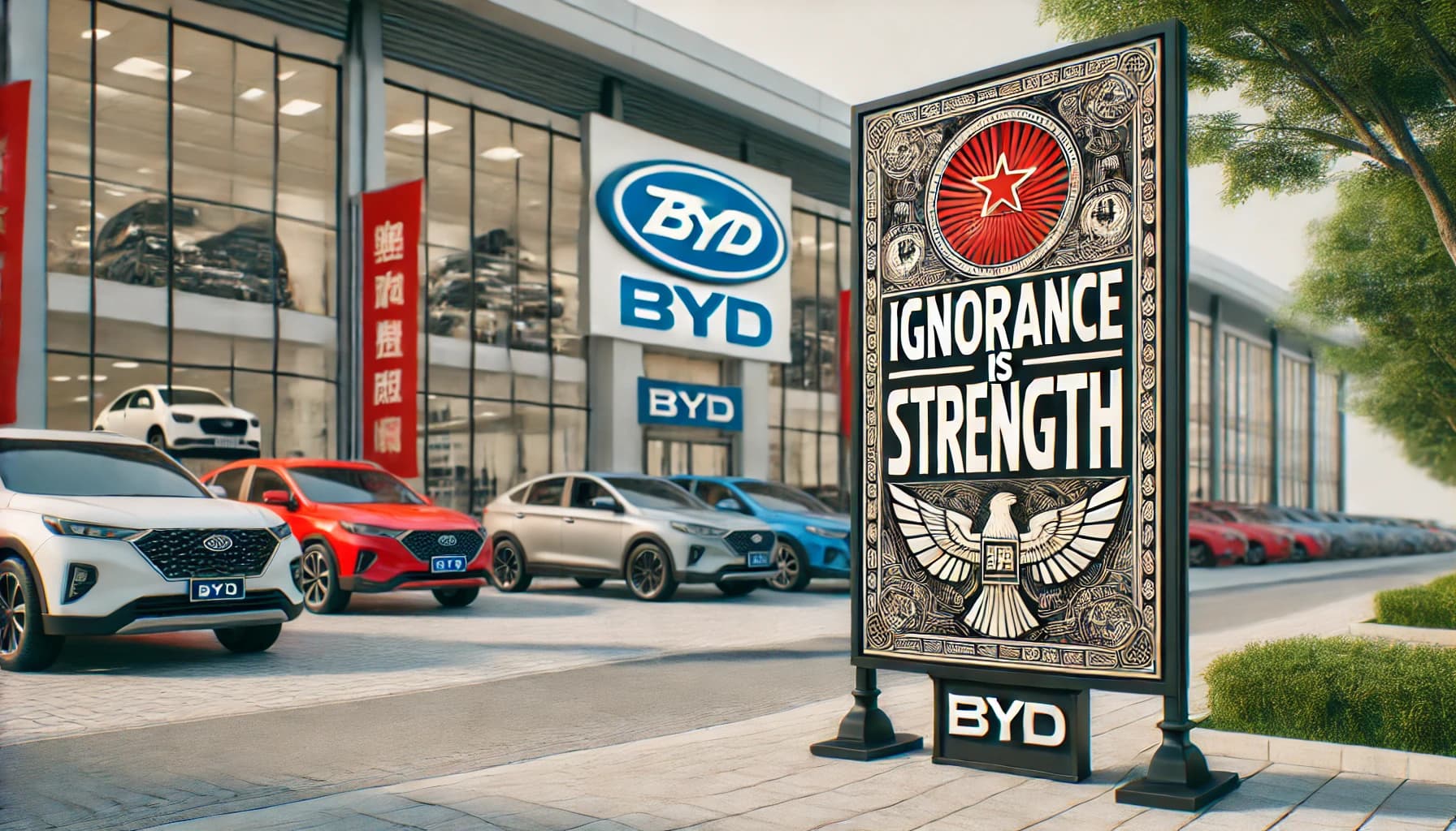 DALL·E-2024-06-22-15.51.59-A-detailed-signboard-in-front-of-a-car-dealership-with-the-slogan-Ignorance-is-Strength-prominently-displayed.-The-showroom-behind-the-signboard-sho.webp